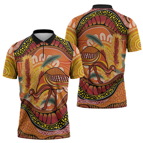 Indigenous Emu Australia Zipper Polo Shirt Australian Bottlebrushes Aboriginal Art Proud