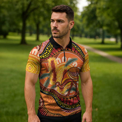 Indigenous Emu Australia Zipper Polo Shirt Australian Bottlebrushes Aboriginal Art Proud