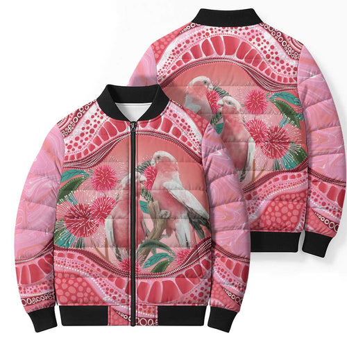 Indigenous Pink Galah Australia Bomber Puffer Jacket Australian Hakea Aboriginal Art Proud