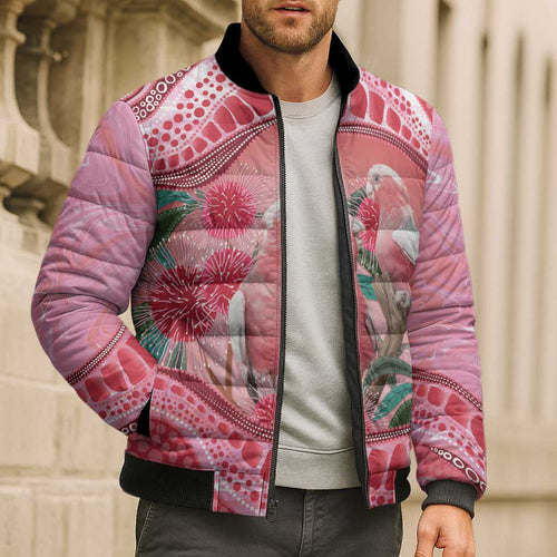 Indigenous Pink Galah Australia Bomber Puffer Jacket Australian Hakea Aboriginal Art Proud