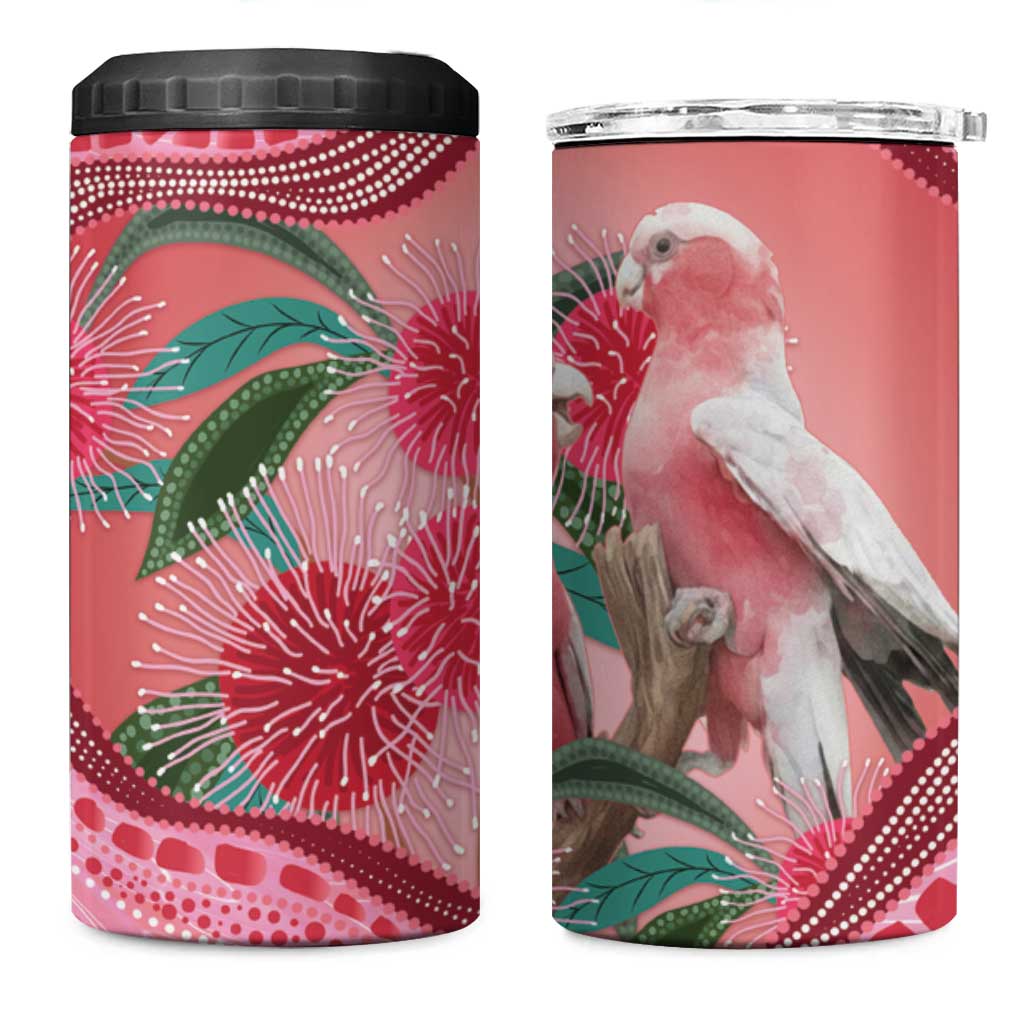 Indigenous Pink Galah Australia 4 in 1 Can Cooler Tumbler Australian Hakea Aboriginal Art Proud