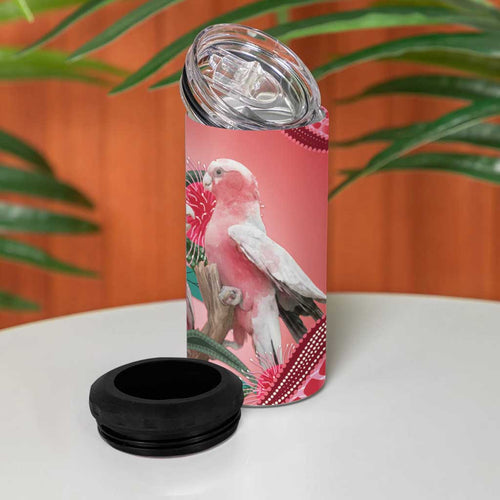 Indigenous Pink Galah Australia 4 in 1 Can Cooler Tumbler Australian Hakea Aboriginal Art Proud