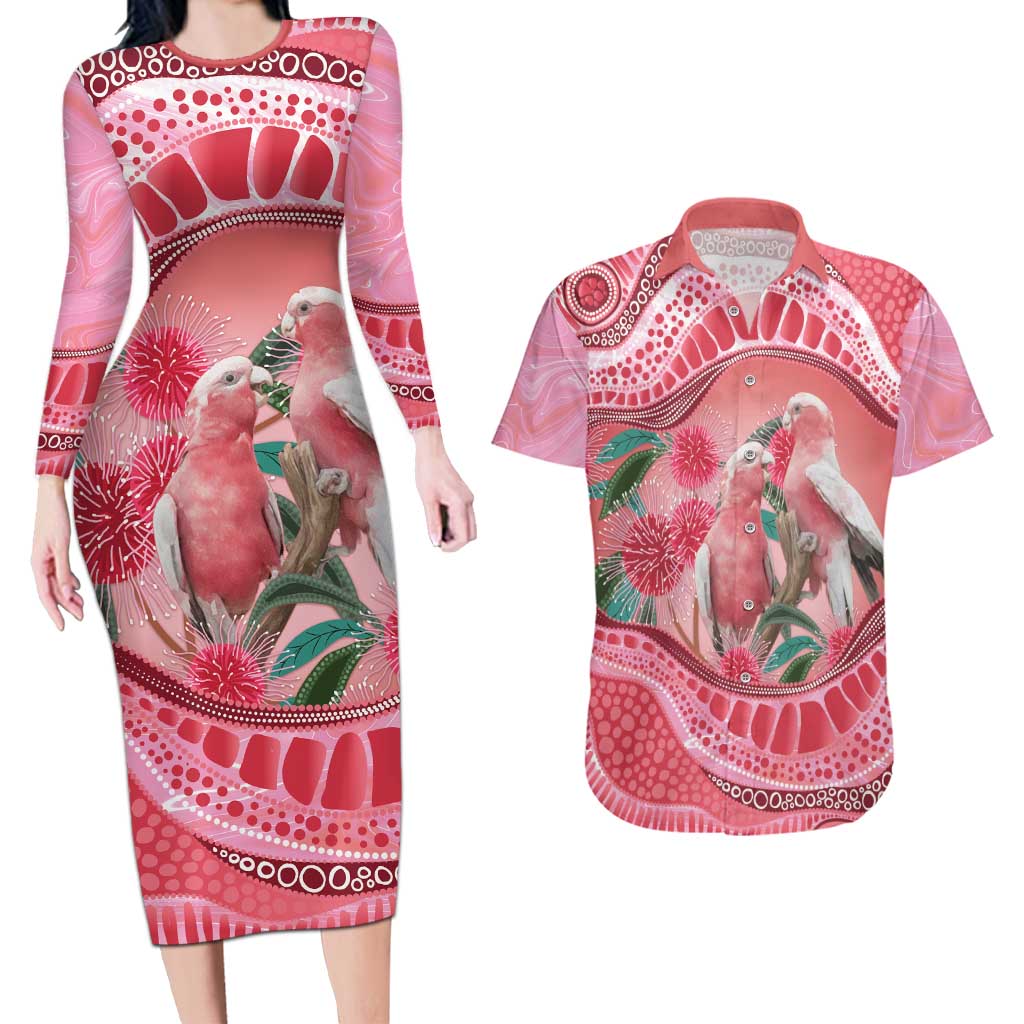 Indigenous Pink Galah Australia Couples Matching Long Sleeve Bodycon Dress and Hawaiian Shirt Australian Hakea Aboriginal Art Proud