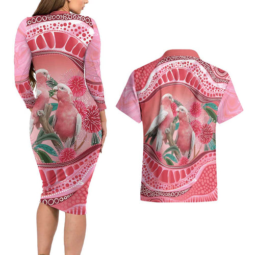 Indigenous Pink Galah Australia Couples Matching Long Sleeve Bodycon Dress and Hawaiian Shirt Australian Hakea Aboriginal Art Proud