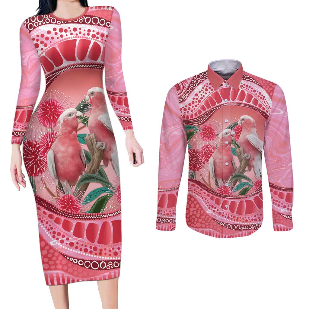 Indigenous Pink Galah Australia Couples Matching Long Sleeve Bodycon Dress and Long Sleeve Button Shirt Australian Hakea Aboriginal Art Proud
