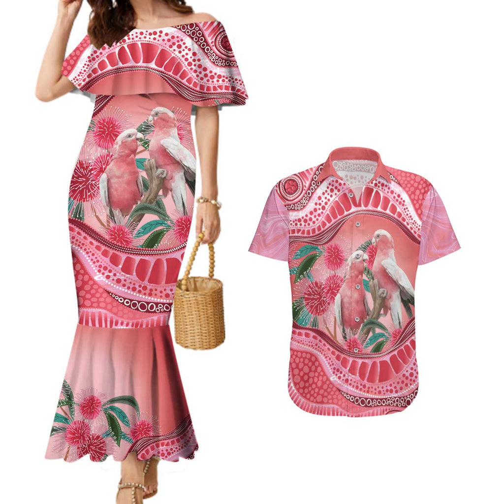 Indigenous Pink Galah Australia Couples Matching Mermaid Dress and Hawaiian Shirt Australian Hakea Aboriginal Art Proud