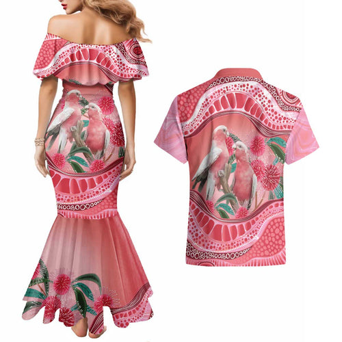 Indigenous Pink Galah Australia Couples Matching Mermaid Dress and Hawaiian Shirt Australian Hakea Aboriginal Art Proud