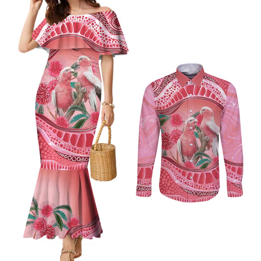 Indigenous Pink Galah Australia Couples Matching Mermaid Dress and Long Sleeve Button Shirt Australian Hakea Aboriginal Art Proud