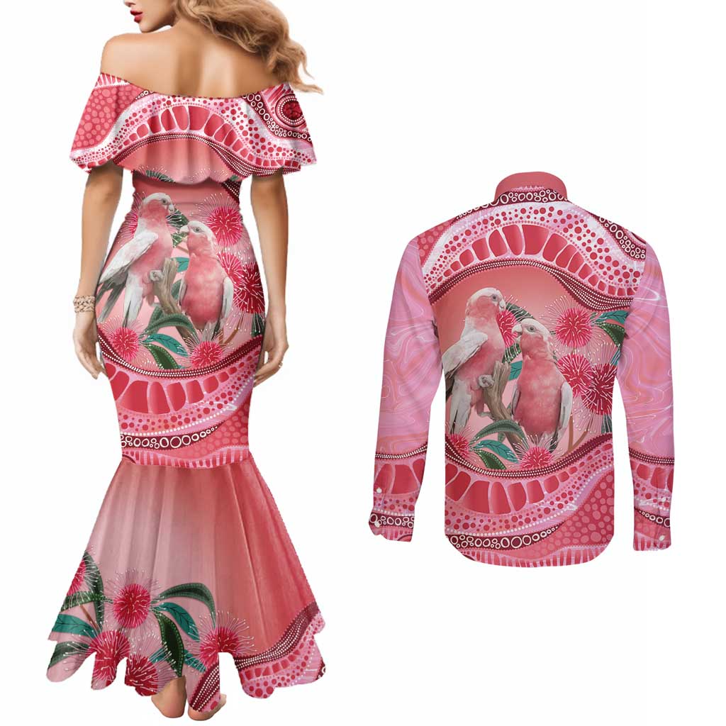 Indigenous Pink Galah Australia Couples Matching Mermaid Dress and Long Sleeve Button Shirt Australian Hakea Aboriginal Art Proud