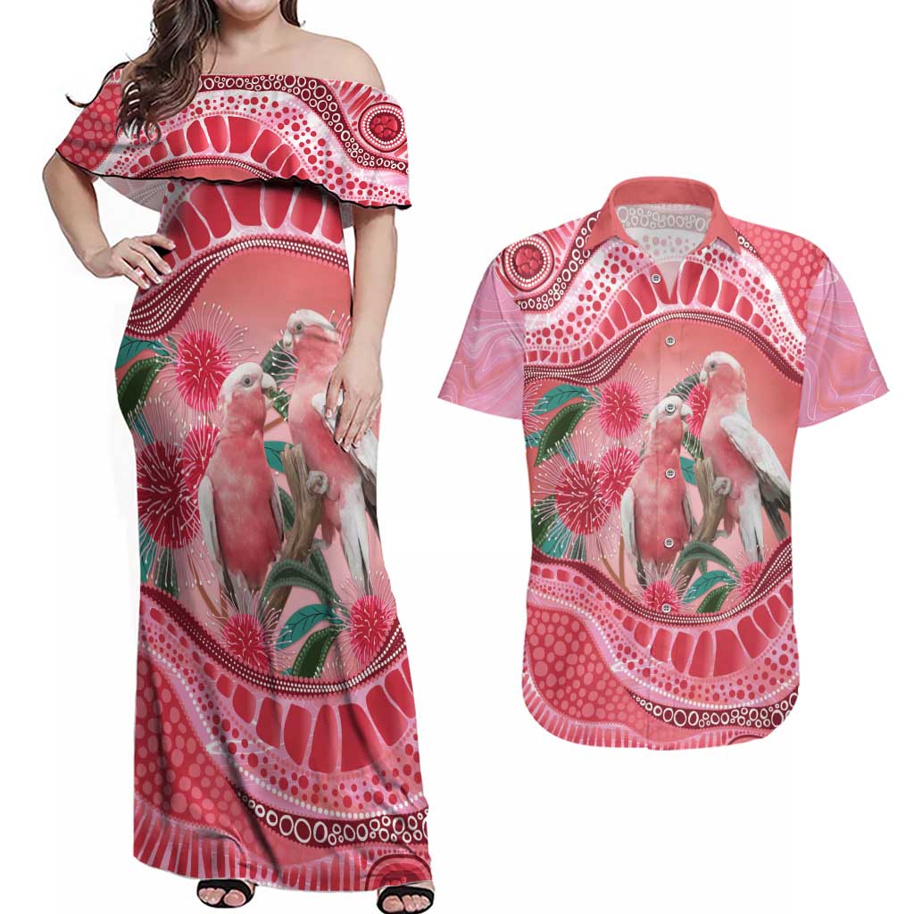 Indigenous Pink Galah Australia Couples Matching Off Shoulder Maxi Dress and Hawaiian Shirt Australian Hakea Aboriginal Art Proud