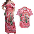 Indigenous Pink Galah Australia Couples Matching Off Shoulder Maxi Dress and Hawaiian Shirt Australian Hakea Aboriginal Art Proud