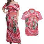Indigenous Pink Galah Australia Couples Matching Off Shoulder Maxi Dress and Hawaiian Shirt Australian Hakea Aboriginal Art Proud