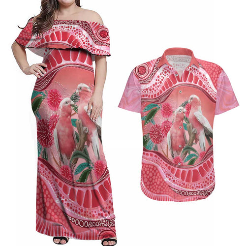 Indigenous Pink Galah Australia Couples Matching Off Shoulder Maxi Dress and Hawaiian Shirt Australian Hakea Aboriginal Art Proud
