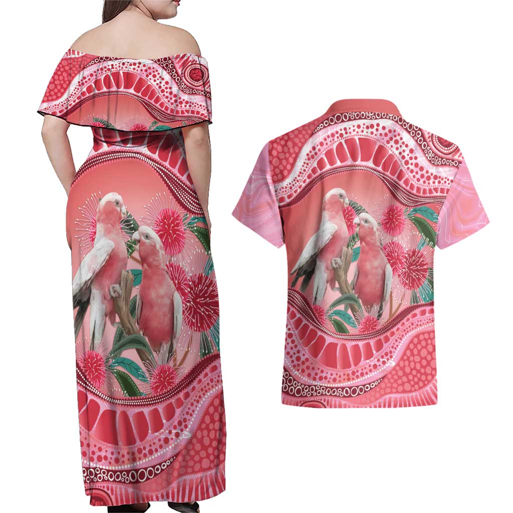 Indigenous Pink Galah Australia Couples Matching Off Shoulder Maxi Dress and Hawaiian Shirt Australian Hakea Aboriginal Art Proud