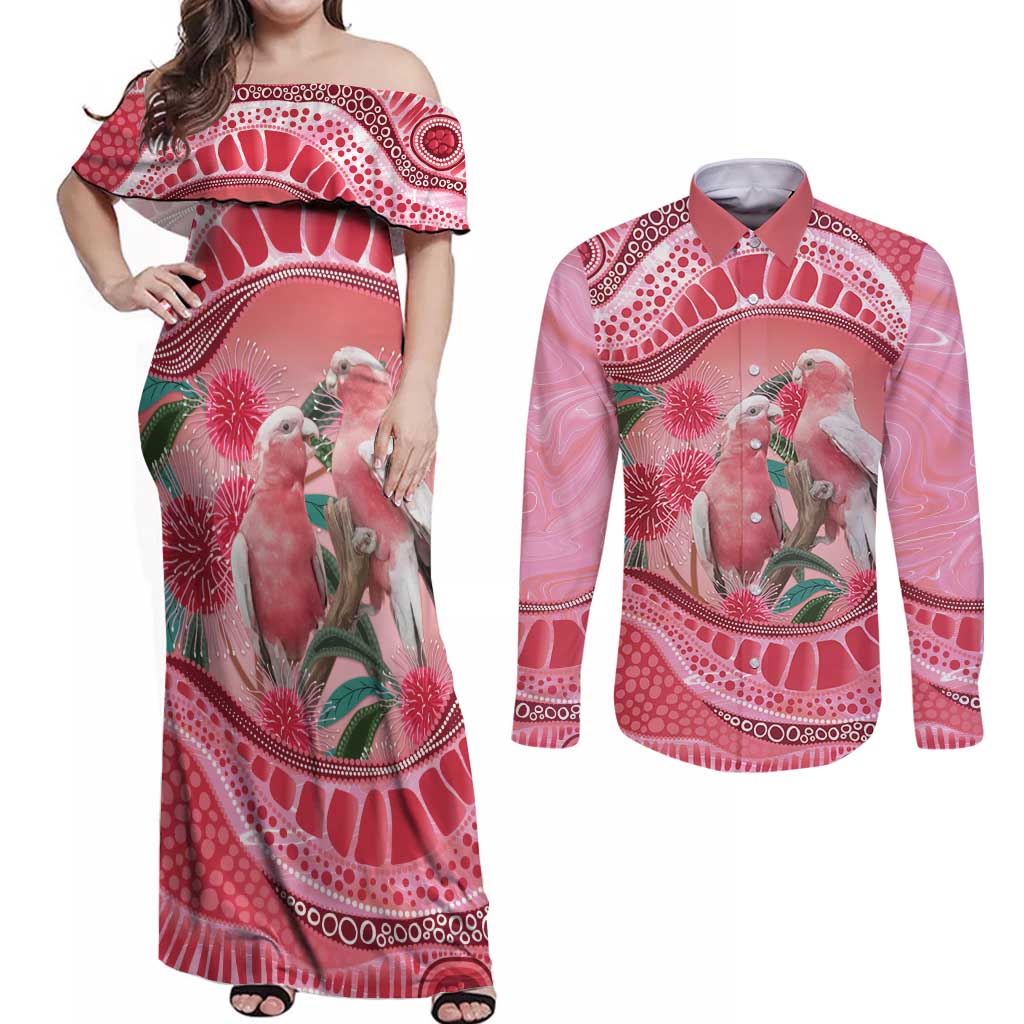 Indigenous Pink Galah Australia Couples Matching Off Shoulder Maxi Dress and Long Sleeve Button Shirt Australian Hakea Aboriginal Art Proud