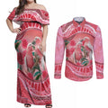 Indigenous Pink Galah Australia Couples Matching Off Shoulder Maxi Dress and Long Sleeve Button Shirt Australian Hakea Aboriginal Art Proud