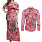 Indigenous Pink Galah Australia Couples Matching Off Shoulder Maxi Dress and Long Sleeve Button Shirt Australian Hakea Aboriginal Art Proud