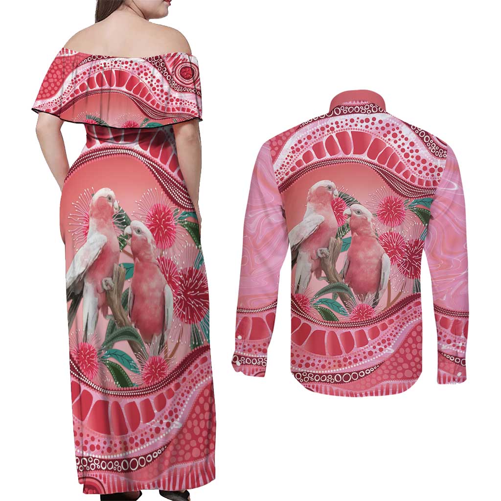 Indigenous Pink Galah Australia Couples Matching Off Shoulder Maxi Dress and Long Sleeve Button Shirt Australian Hakea Aboriginal Art Proud