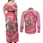 Indigenous Pink Galah Australia Couples Matching Off Shoulder Maxi Dress and Long Sleeve Button Shirt Australian Hakea Aboriginal Art Proud
