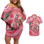 Indigenous Pink Galah Australia Couples Matching Off Shoulder Short Dress and Hawaiian Shirt Australian Hakea Aboriginal Art Proud