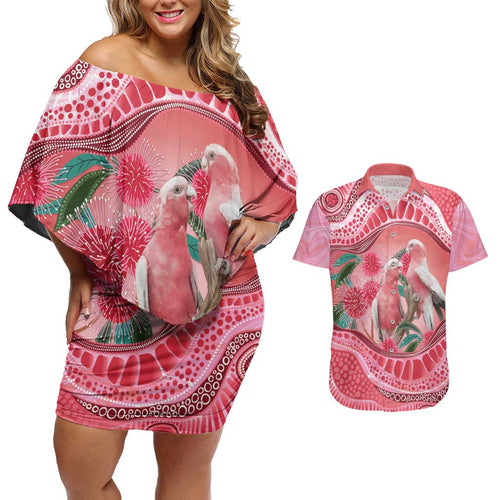 Indigenous Pink Galah Australia Couples Matching Off Shoulder Short Dress and Hawaiian Shirt Australian Hakea Aboriginal Art Proud