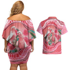 Indigenous Pink Galah Australia Couples Matching Off Shoulder Short Dress and Hawaiian Shirt Australian Hakea Aboriginal Art Proud