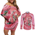 Indigenous Pink Galah Australia Couples Matching Off Shoulder Short Dress and Long Sleeve Button Shirt Australian Hakea Aboriginal Art Proud
