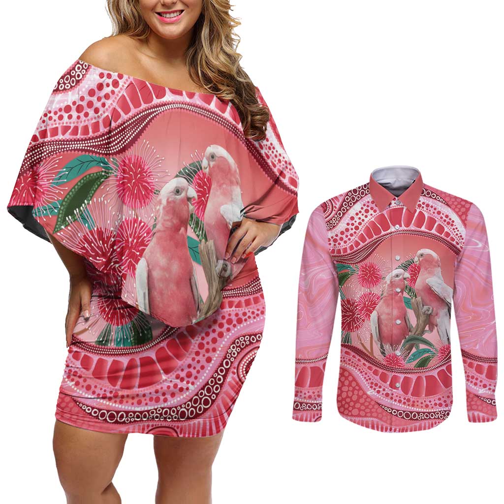 Indigenous Pink Galah Australia Couples Matching Off Shoulder Short Dress and Long Sleeve Button Shirt Australian Hakea Aboriginal Art Proud