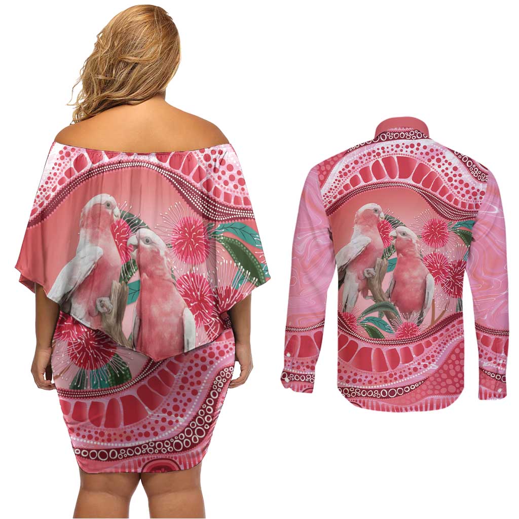 Indigenous Pink Galah Australia Couples Matching Off Shoulder Short Dress and Long Sleeve Button Shirt Australian Hakea Aboriginal Art Proud