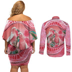 Indigenous Pink Galah Australia Couples Matching Off Shoulder Short Dress and Long Sleeve Button Shirt Australian Hakea Aboriginal Art Proud