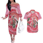 Indigenous Pink Galah Australia Couples Matching Off The Shoulder Long Sleeve Dress and Hawaiian Shirt Australian Hakea Aboriginal Art Proud