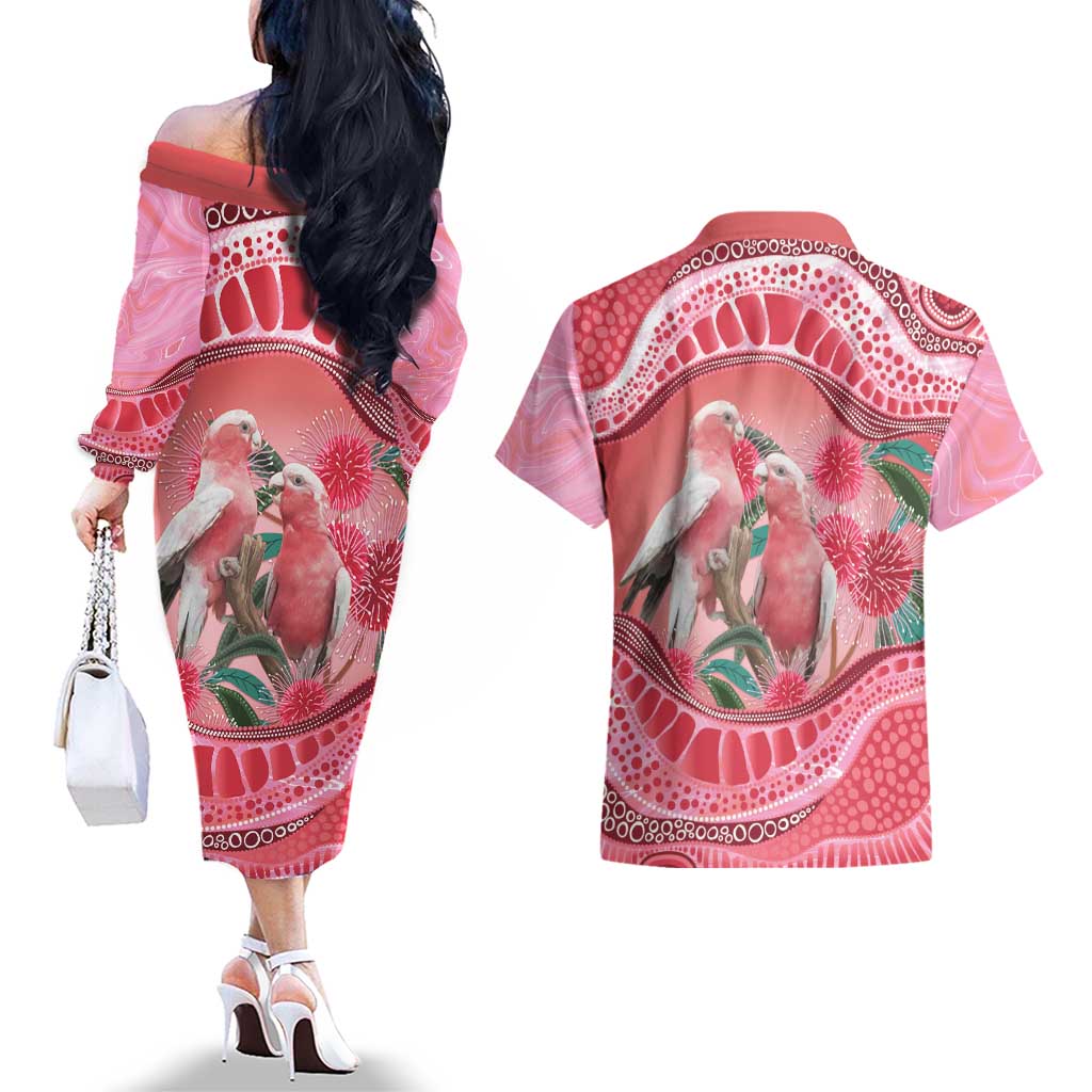 Indigenous Pink Galah Australia Couples Matching Off The Shoulder Long Sleeve Dress and Hawaiian Shirt Australian Hakea Aboriginal Art Proud