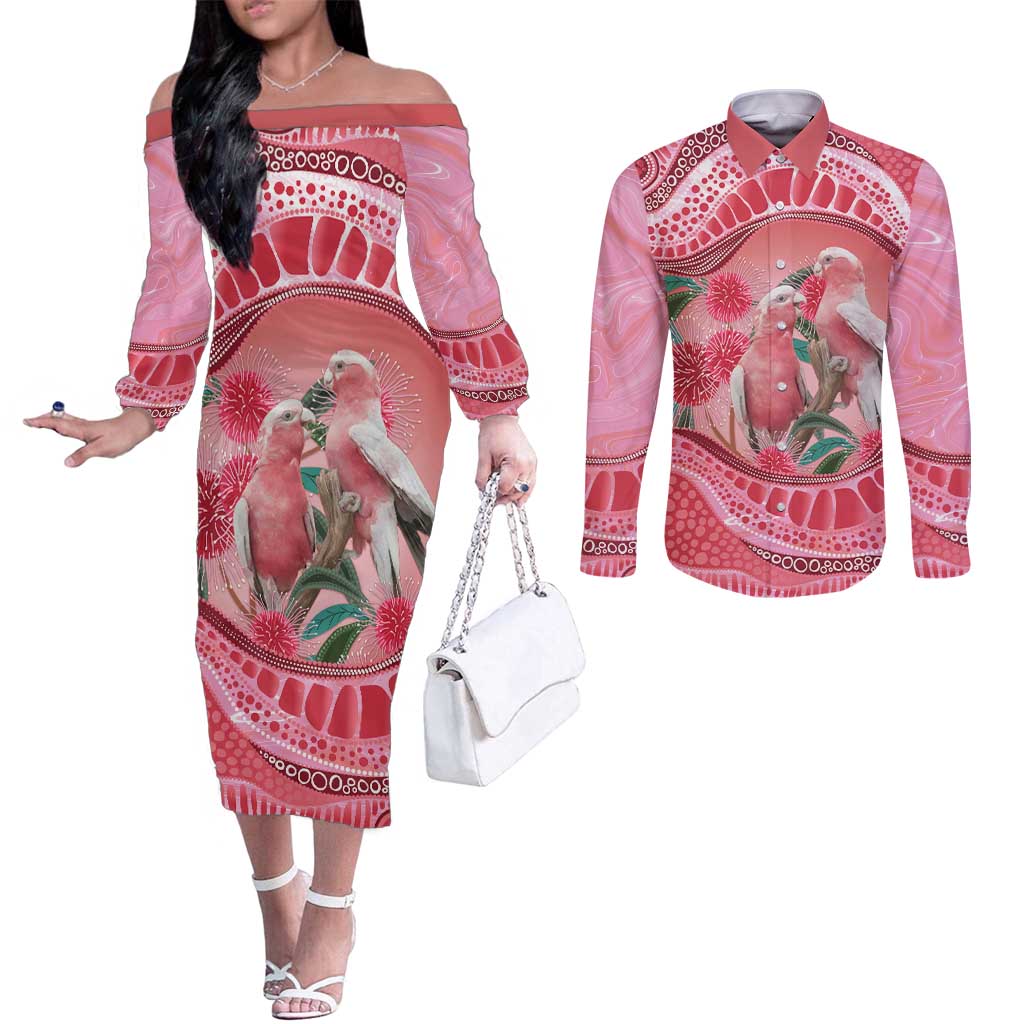 Indigenous Pink Galah Australia Couples Matching Off The Shoulder Long Sleeve Dress and Long Sleeve Button Shirt Australian Hakea Aboriginal Art Proud