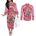 Indigenous Pink Galah Australia Couples Matching Off The Shoulder Long Sleeve Dress and Long Sleeve Button Shirt Australian Hakea Aboriginal Art Proud