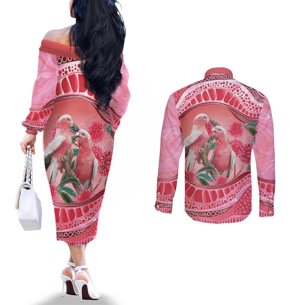Indigenous Pink Galah Australia Couples Matching Off The Shoulder Long Sleeve Dress and Long Sleeve Button Shirt Australian Hakea Aboriginal Art Proud