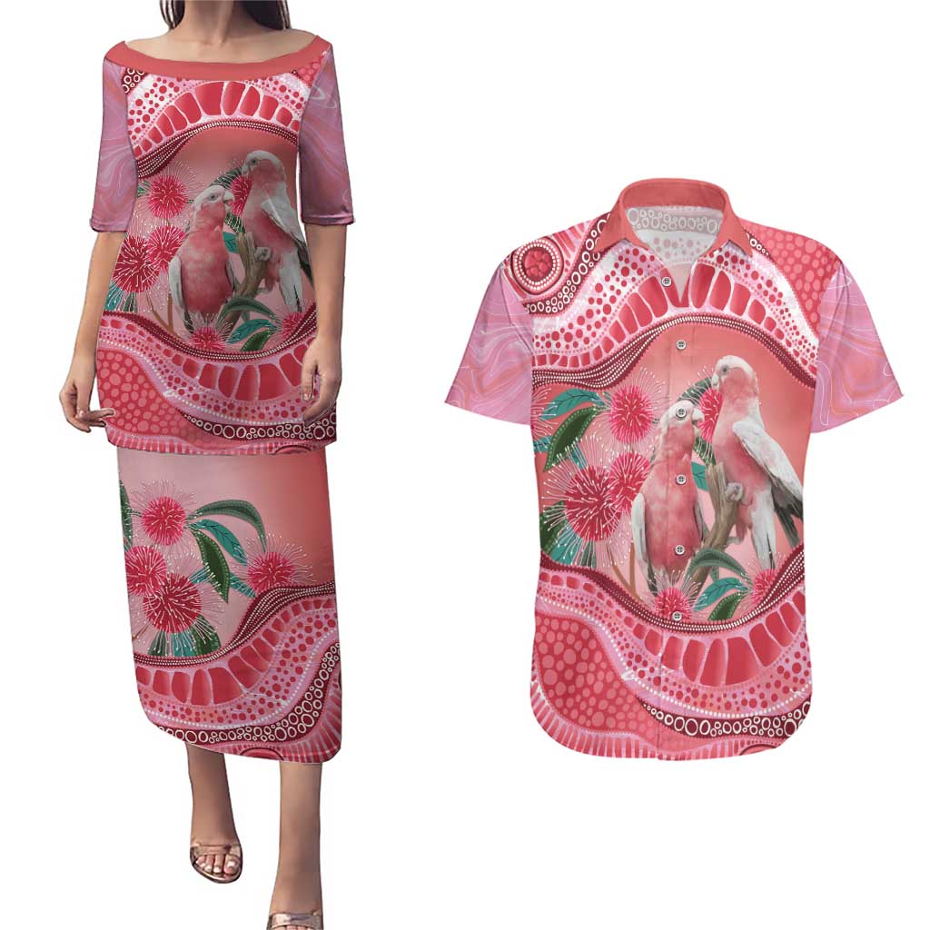 Indigenous Pink Galah Australia Couples Matching Puletasi and Hawaiian Shirt Australian Hakea Aboriginal Art Proud