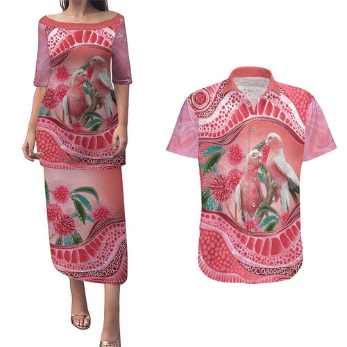 Indigenous Pink Galah Australia Couples Matching Puletasi and Hawaiian Shirt Australian Hakea Aboriginal Art Proud