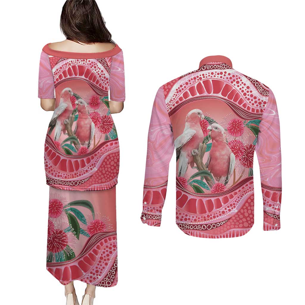 Indigenous Pink Galah Australia Couples Matching Puletasi and Long Sleeve Button Shirt Australian Hakea Aboriginal Art Proud