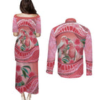 Indigenous Pink Galah Australia Couples Matching Puletasi and Long Sleeve Button Shirt Australian Hakea Aboriginal Art Proud