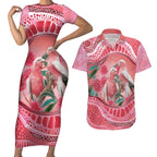 Indigenous Pink Galah Australia Couples Matching Short Sleeve Bodycon Dress and Hawaiian Shirt Australian Hakea Aboriginal Art Proud