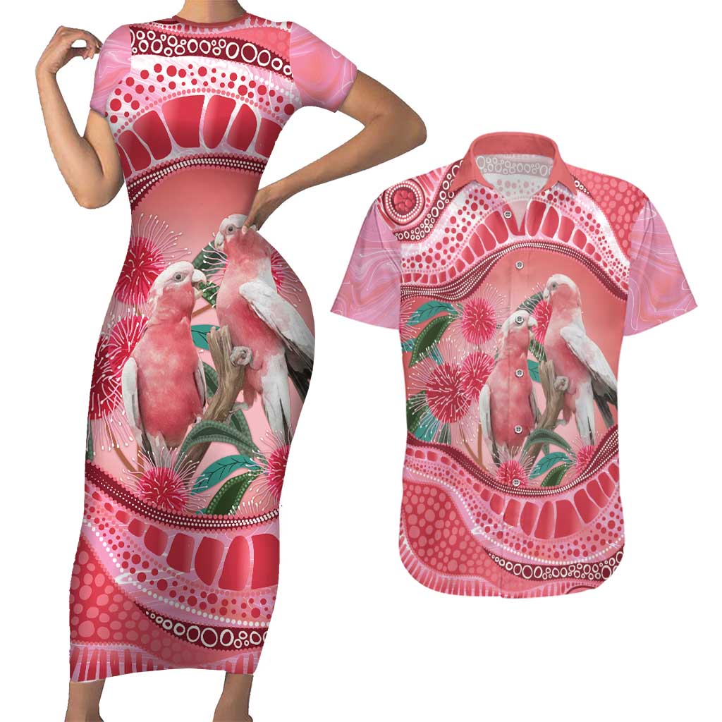 Indigenous Pink Galah Australia Couples Matching Short Sleeve Bodycon Dress and Hawaiian Shirt Australian Hakea Aboriginal Art Proud