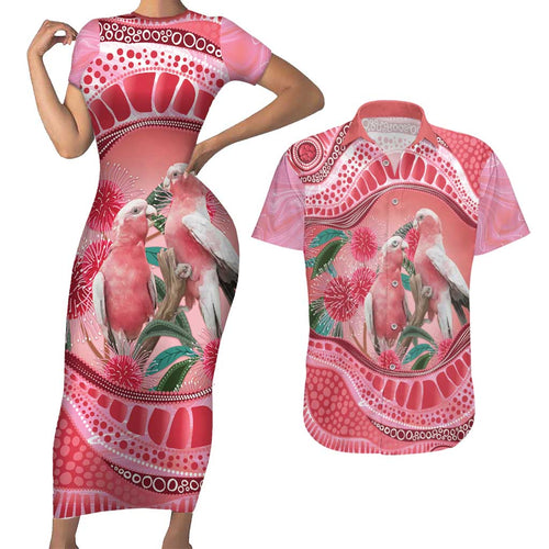 Indigenous Pink Galah Australia Couples Matching Short Sleeve Bodycon Dress and Hawaiian Shirt Australian Hakea Aboriginal Art Proud