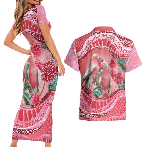Indigenous Pink Galah Australia Couples Matching Short Sleeve Bodycon Dress and Hawaiian Shirt Australian Hakea Aboriginal Art Proud