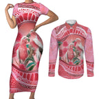 Indigenous Pink Galah Australia Couples Matching Short Sleeve Bodycon Dress and Long Sleeve Button Shirt Australian Hakea Aboriginal Art Proud