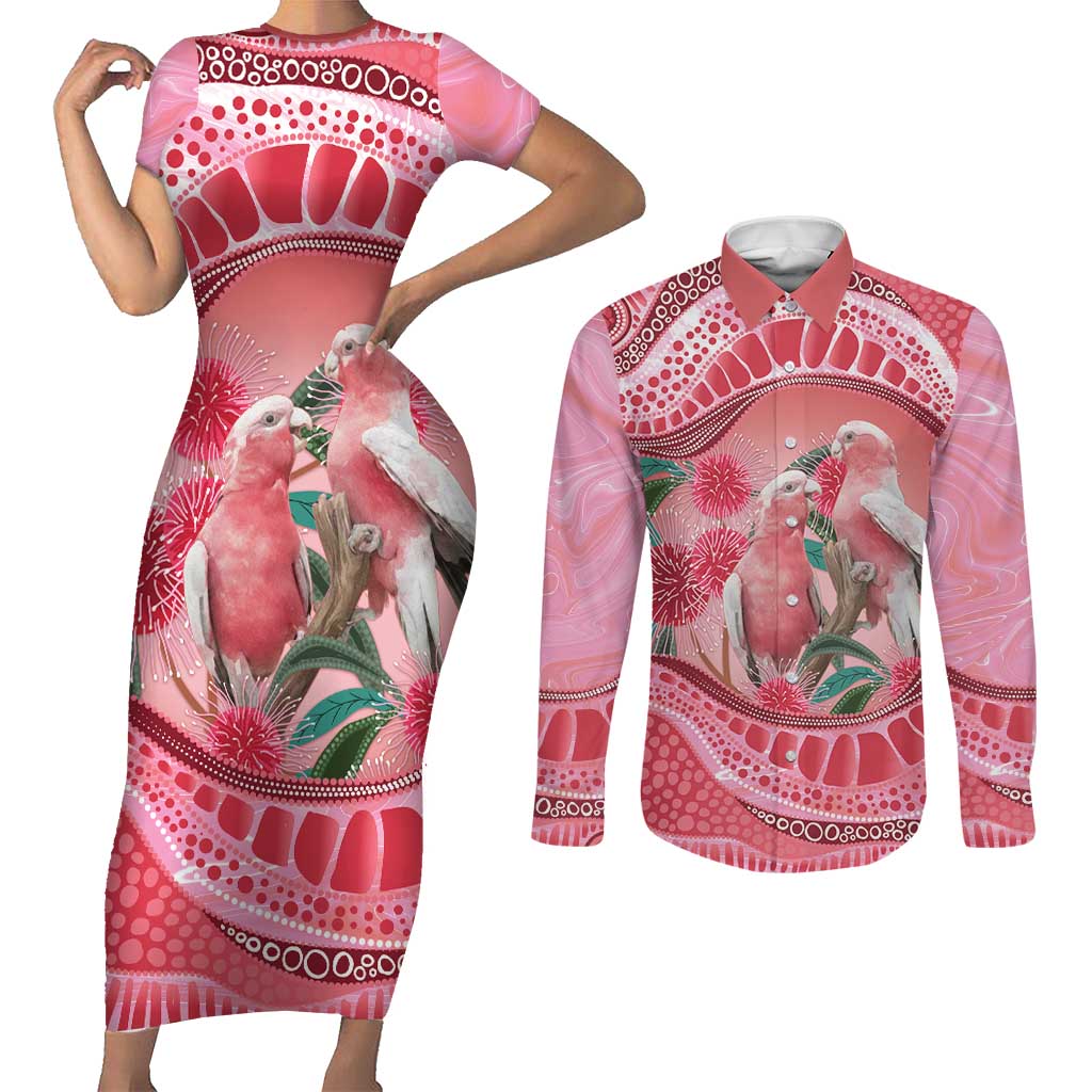 Indigenous Pink Galah Australia Couples Matching Short Sleeve Bodycon Dress and Long Sleeve Button Shirt Australian Hakea Aboriginal Art Proud