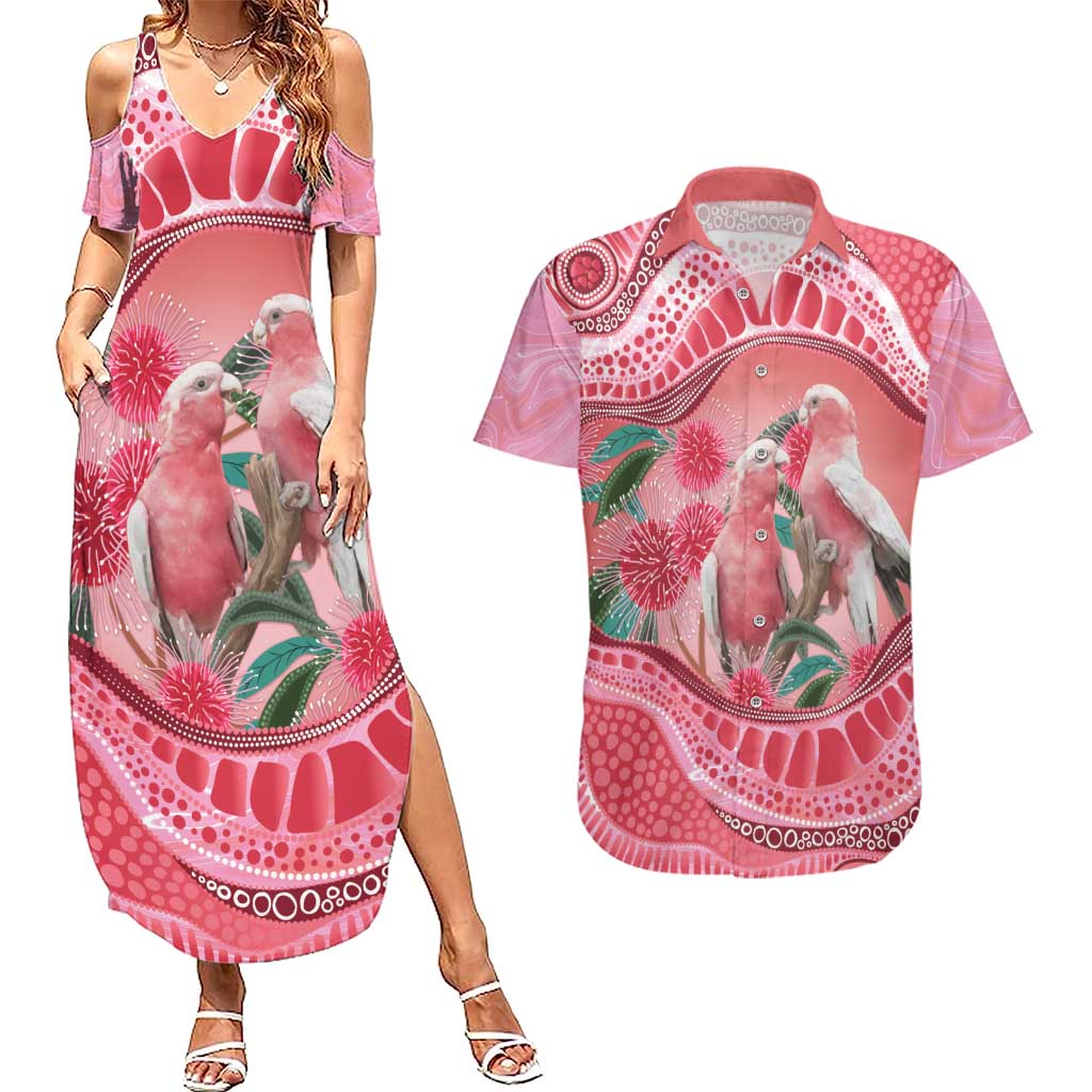 Indigenous Pink Galah Australia Couples Matching Summer Maxi Dress and Hawaiian Shirt Australian Hakea Aboriginal Art Proud