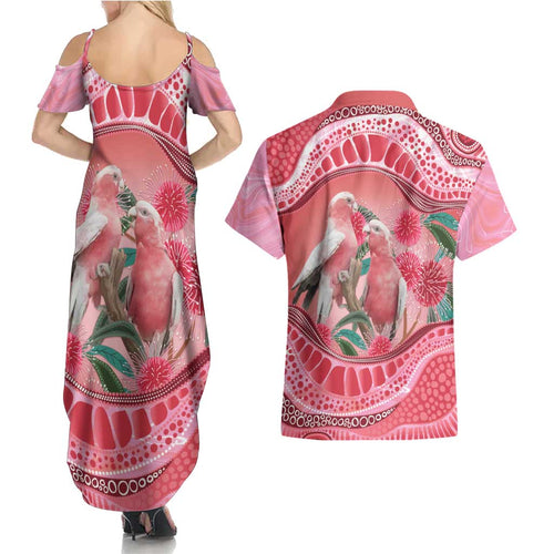 Indigenous Pink Galah Australia Couples Matching Summer Maxi Dress and Hawaiian Shirt Australian Hakea Aboriginal Art Proud