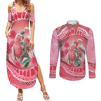 Indigenous Pink Galah Australia Couples Matching Summer Maxi Dress and Long Sleeve Button Shirt Australian Hakea Aboriginal Art Proud