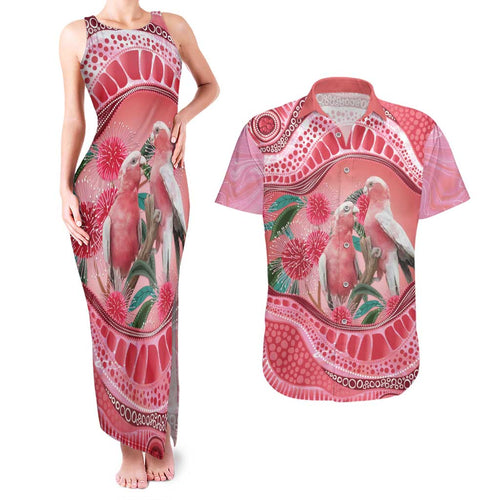 Indigenous Pink Galah Australia Couples Matching Tank Maxi Dress and Hawaiian Shirt Australian Hakea Aboriginal Art Proud