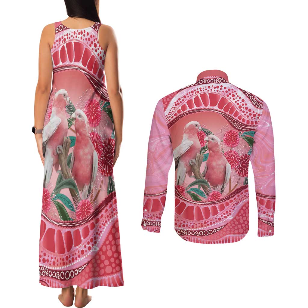 Indigenous Pink Galah Australia Couples Matching Tank Maxi Dress and Long Sleeve Button Shirt Australian Hakea Aboriginal Art Proud